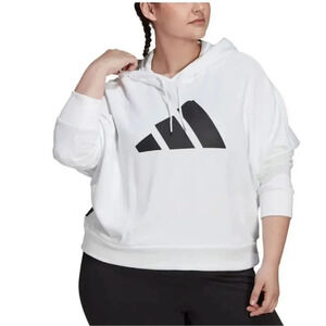 Adidas Womens White Ribbed Drawstring Logo Graphic Long Sleeve Hoodie
